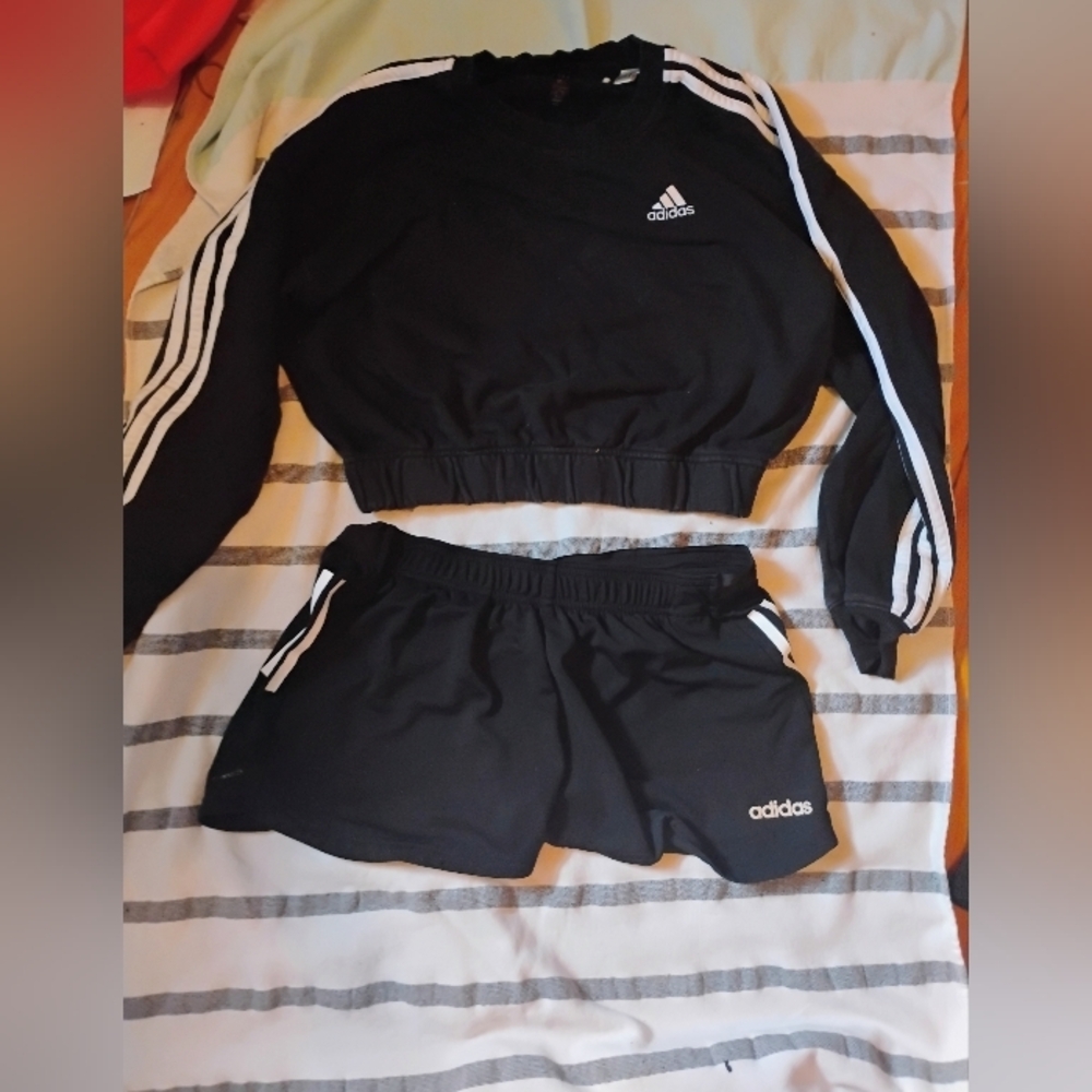Adidas Black and White Cropped Sweatshirt and Shorts Set